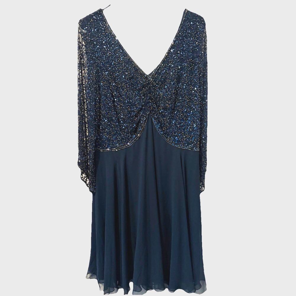 JKARA Navy Blue Sequin Beaded Midi Dress V-Neck 3/4 Sleeve Size 18